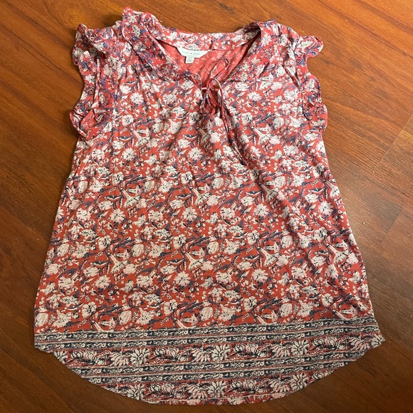 Lucky Brand Orange floral top tie front Sleeveless Ruffles cotton Size Small - Picture 3 of 11